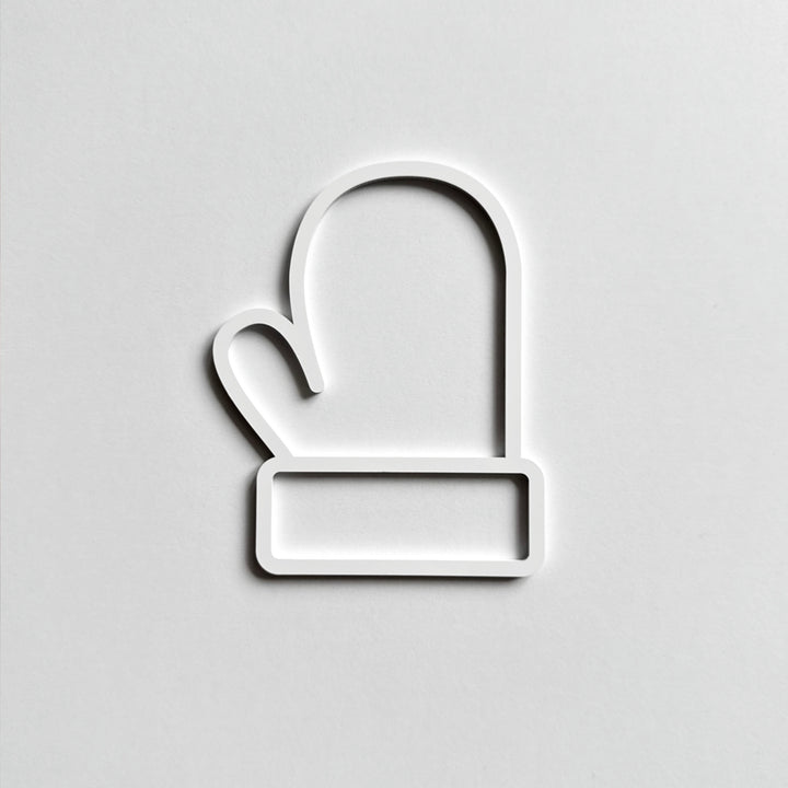 A simple white glove icon is displayed against a plain white background. A simple white glove icon is displayed against a plain white background.