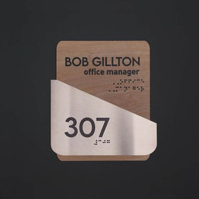 Door Number Sign with Personalized Name: Stainless Steel & Wood  — "Downhill" Design