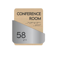 Conference Room Sign: Stainless Steel & Wood — "Downhill" Design