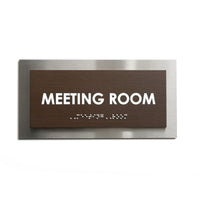 Custom Meeting Room Sign with Braille: Stainless Steel & Wood — Modern Design