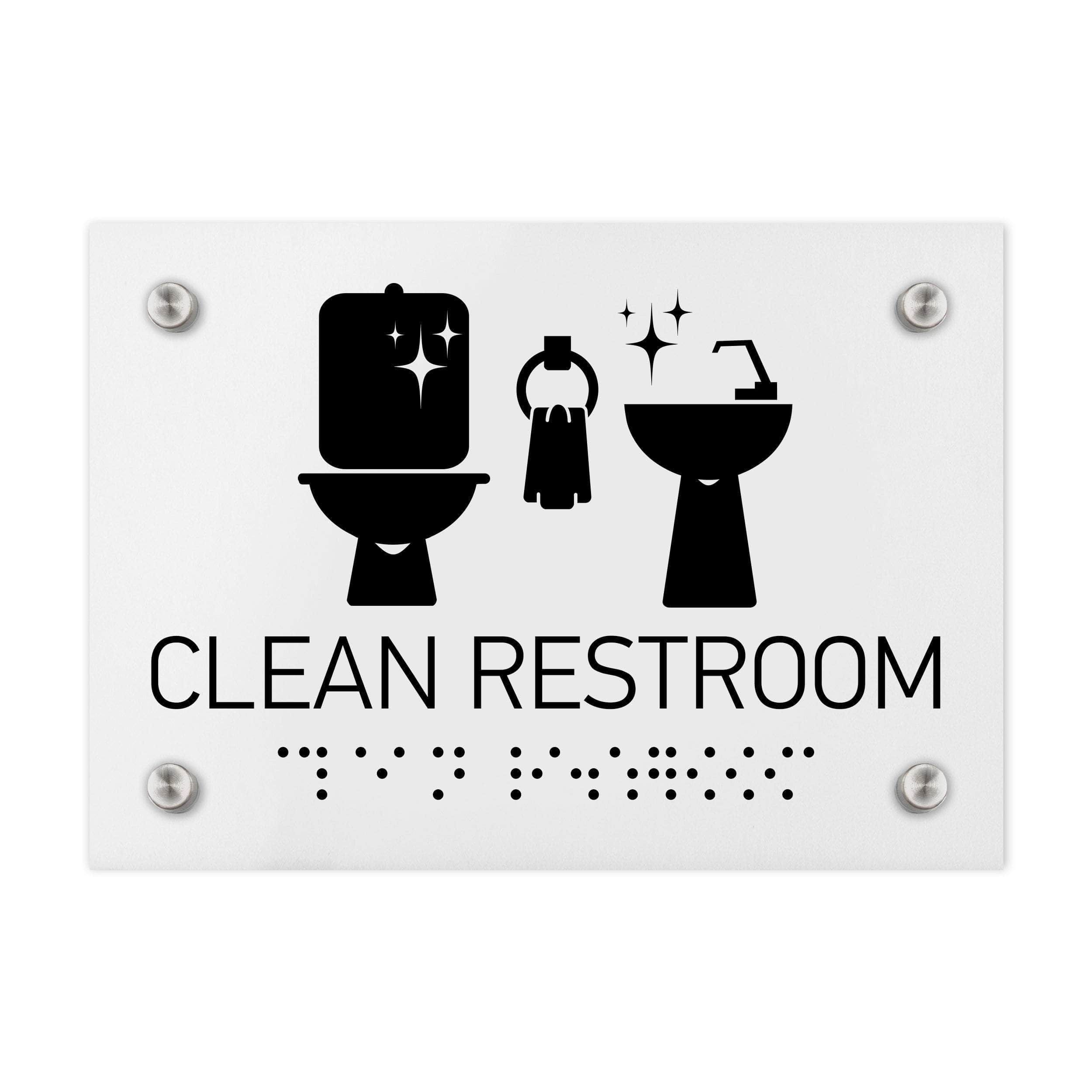 Clean Restroom Signs White Acrylic Sign with Braille Bsign