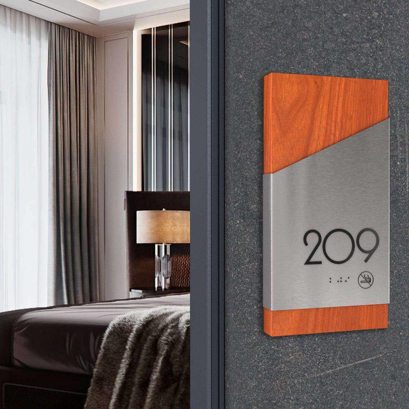 Hotel Room Number Sign — Stainless steel & Wood Door Plate