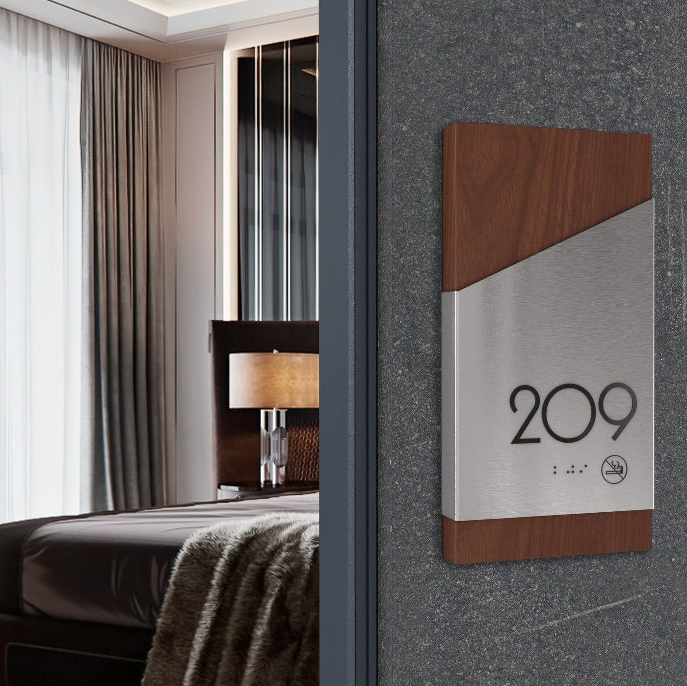 Hotel Room Number Sign — Stainless steel & Wood Door Plate