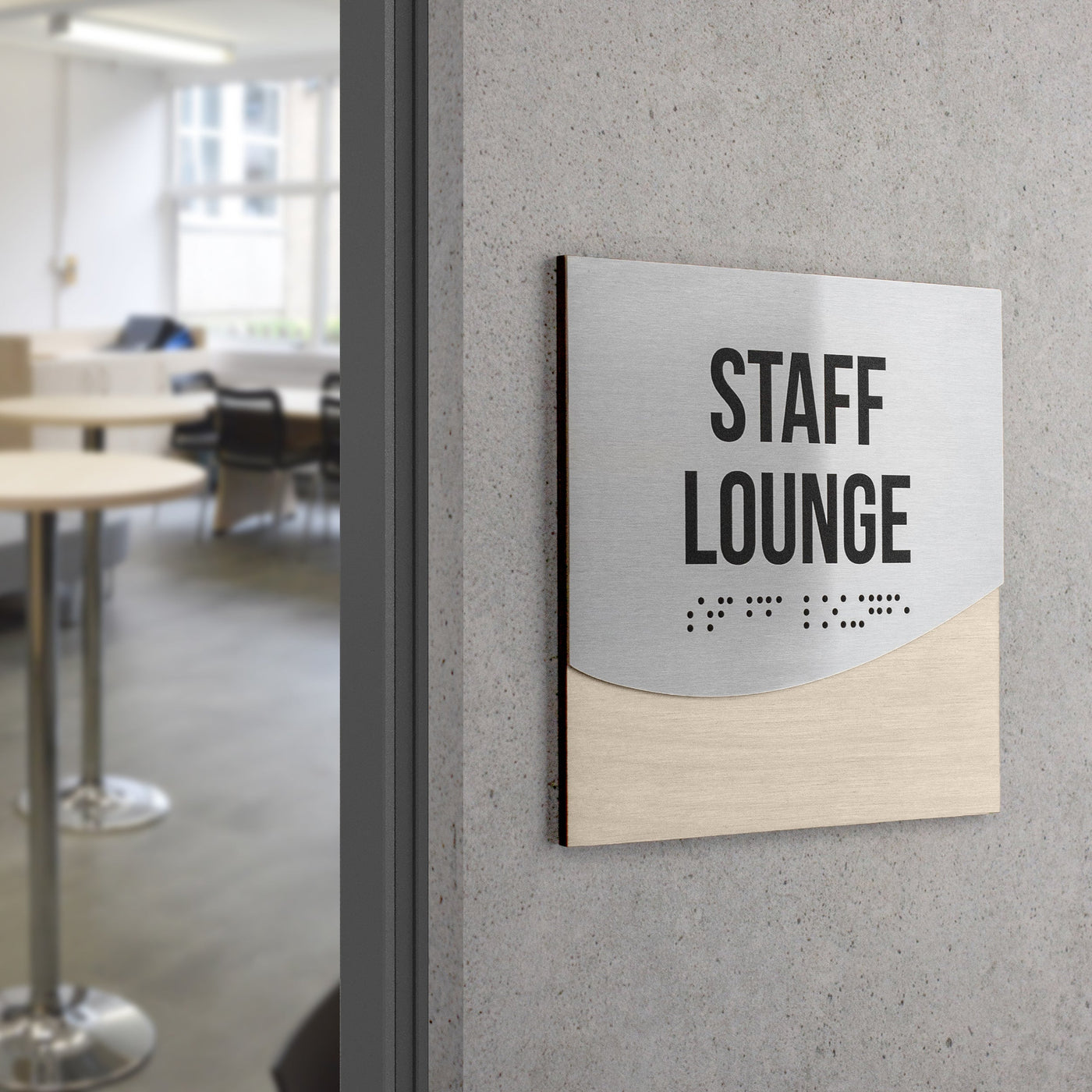 Staff Lounge Sign — Stainless Steel & Wood Door Plate — "Jure" Design