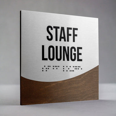 Staff Lounge Sign — Stainless Steel & Wood Door Plate — "Jure" Design