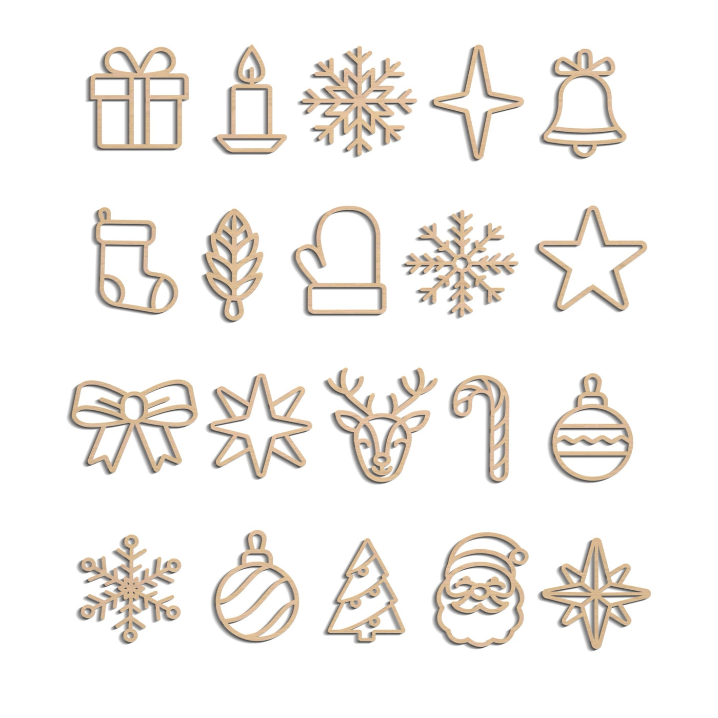 a collection of Christmas-themed icons and symbols, including a gift box, candle, bell, star, snowflake, reindeer, Santa Claus, Christmas tree, snowflakes, and ornaments.