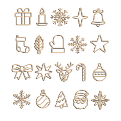 a collection of Christmas-themed icons and symbols, including a gift box, candle, bell, star, snowflake, reindeer, Santa Claus, Christmas tree, snowflakes, and ornaments.