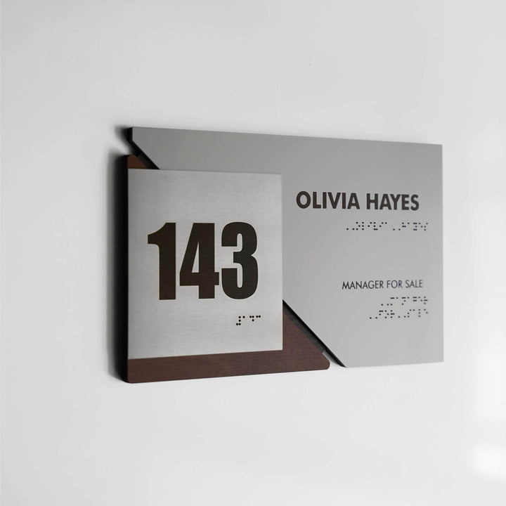 Door Numbers Office Number Sign with Custom Text: Wood &amp; Stainless Steel Plate — "Creative" Design