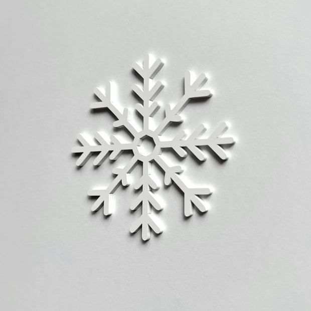A white snowflake is centered against a plain white background.