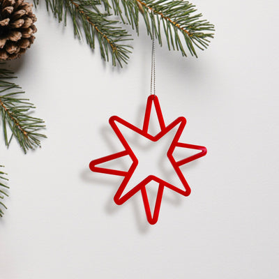 A red star-shaped ornament is hanging from a branch of a pine tree, with pine needles visible on the left side of the image.