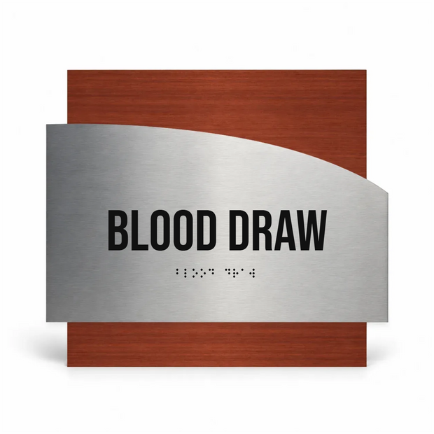a sign with the text "BLOOD DRAW" in bold black letters, accompanied by a set of Braille text below it.