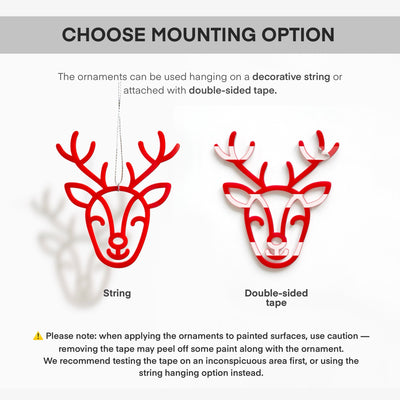 two different mounting options for ornaments. One option is to use a decorative string to hang the ornament, while the other option is to attach the ornament with double-sided tape.