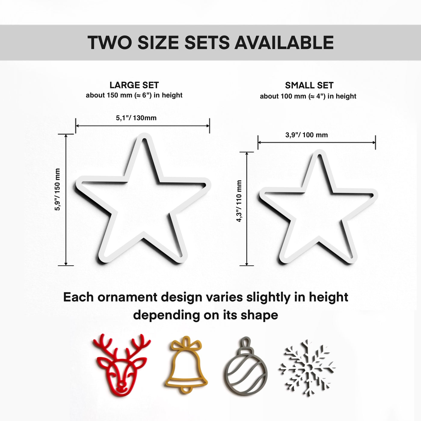 two sets of ornaments, each with different designs, and provides their respective heights in millimeters.