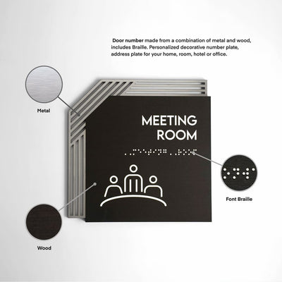 a black and white brochure with a picture of a meeting room