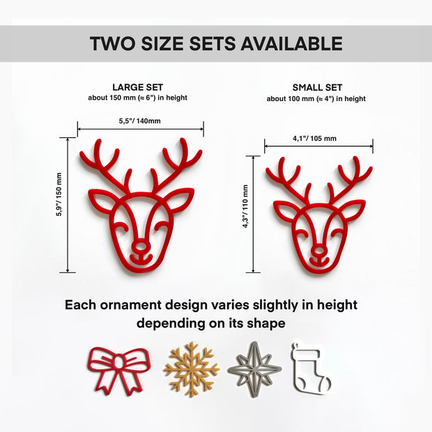 two sets of ornaments, each with a unique design, and provides their respective heights in millimeters.