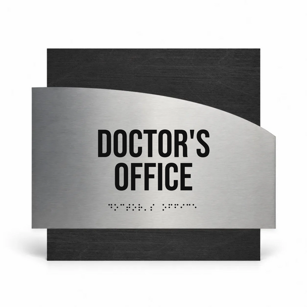 a sign that reads "DOCTOR'S OFFICE" in bold black letters, with a small section of the sign featuring Braille text for the visually impaired.