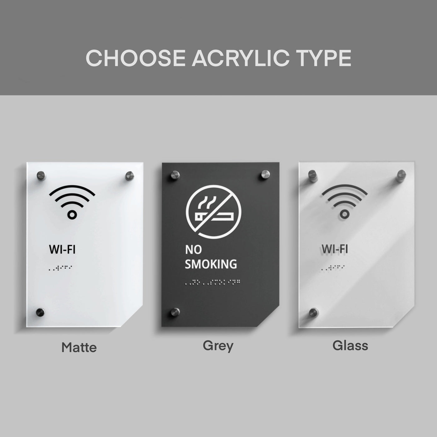 three different types of signs with the words choose acrylic type