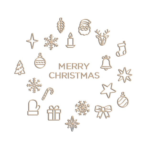 a white christmas card with a circle of christmas icons