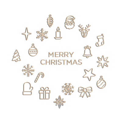 a white christmas card with a circle of christmas icons