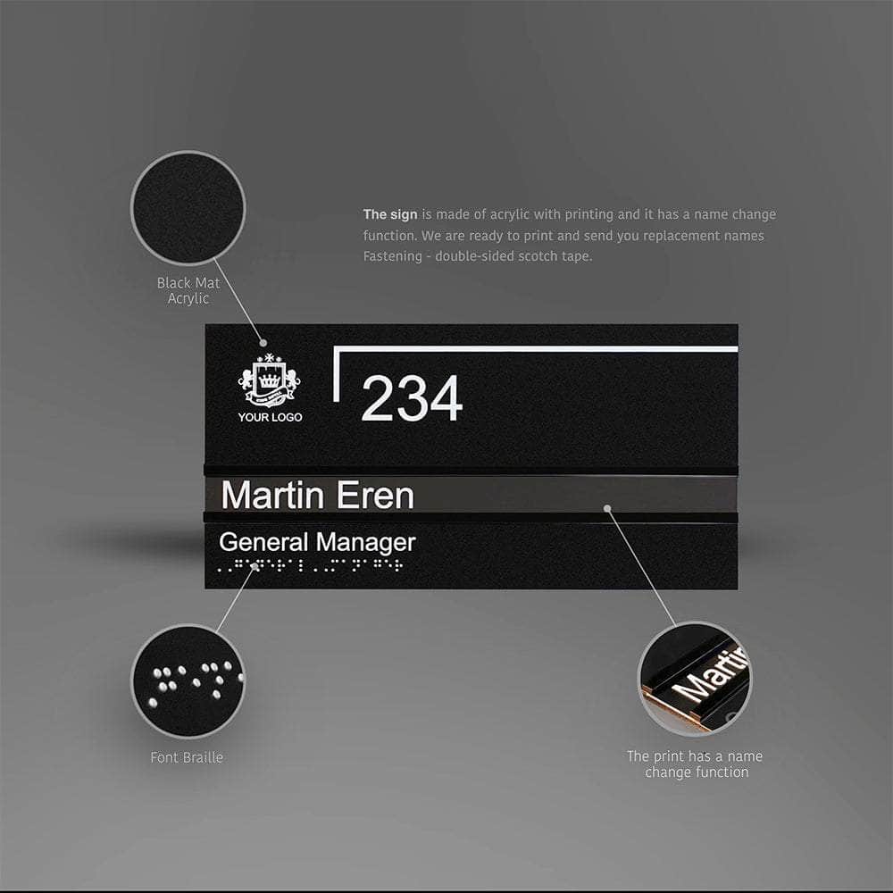 Office Door Sign with Name Plate — Black Acrylic with Braille