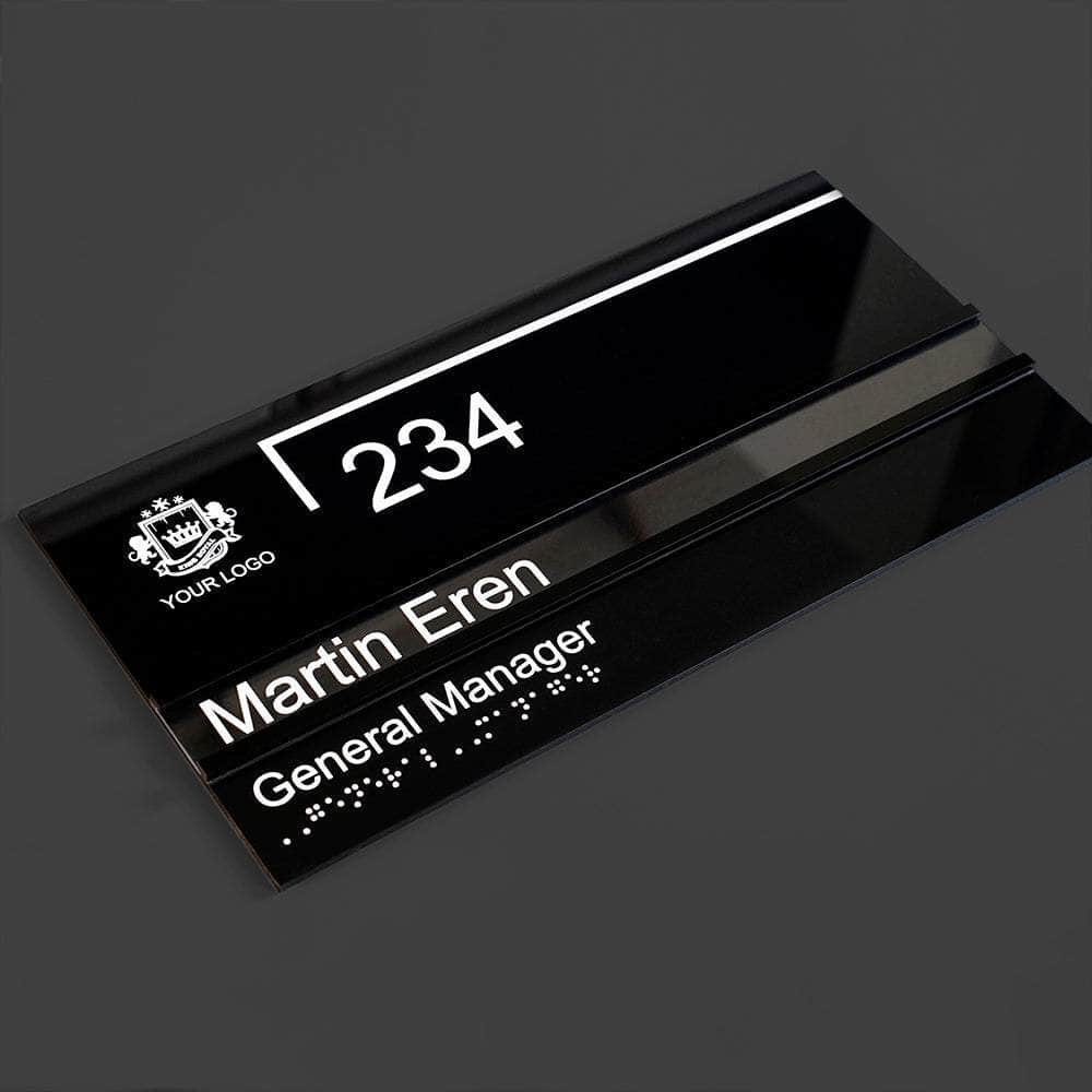 Office Door Sign with Name Plate — Black Acrylic with Braille
