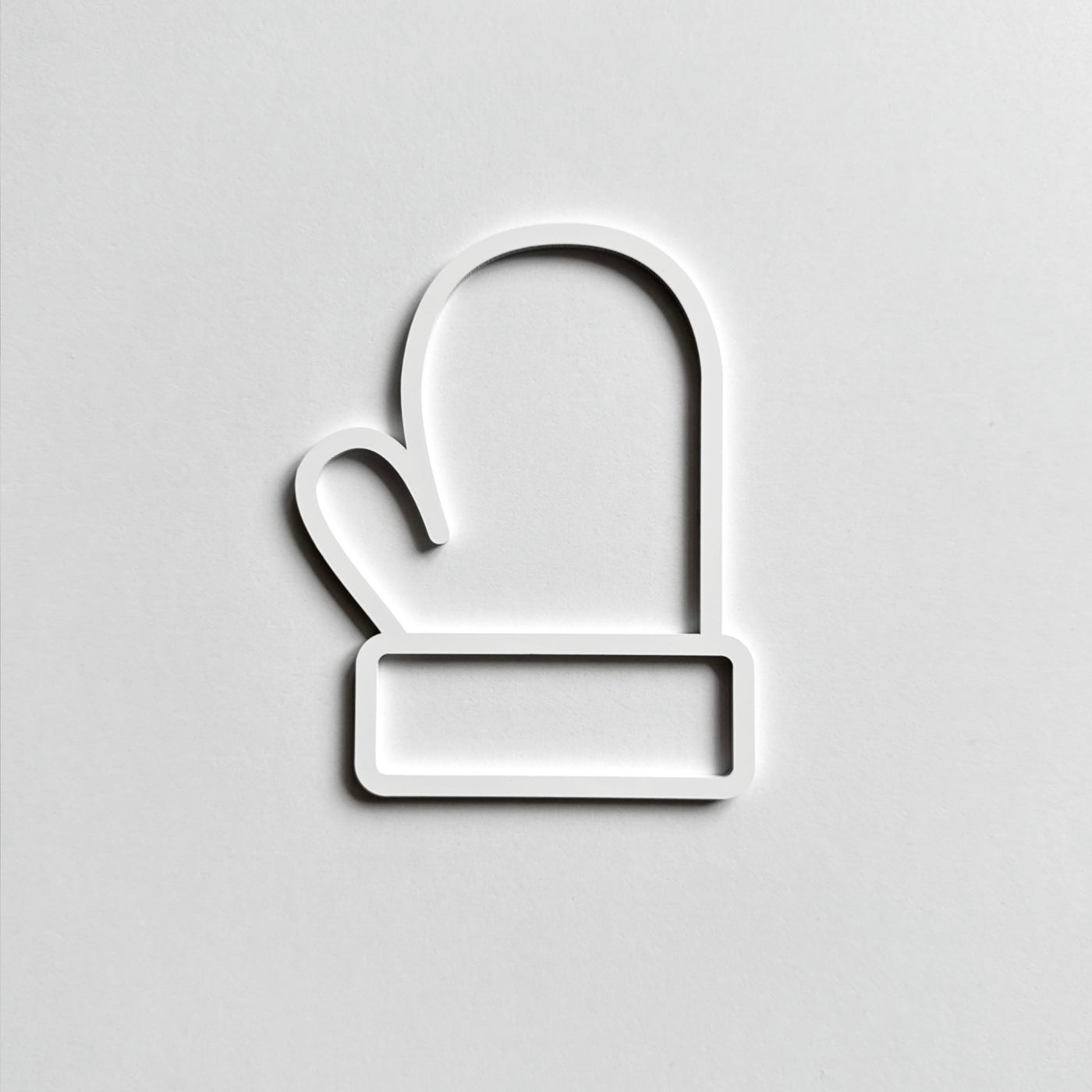 A simple white glove icon is displayed against a plain white background.