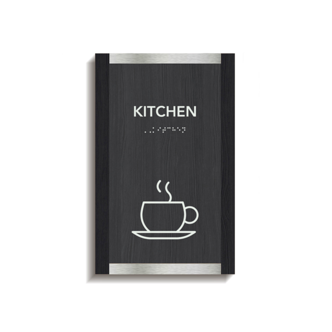 a kitchen sign with a cup of coffee on it
