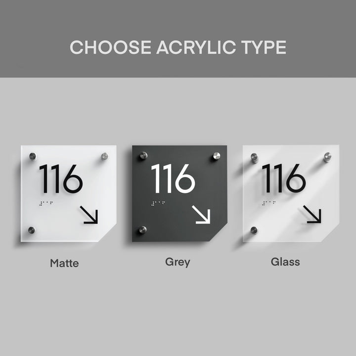 ADA Acrylic Room Number Sign with Metal Holders &amp; Arrow — "Clear" Design