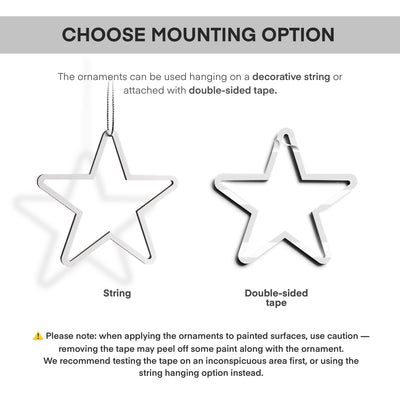 two different hanging options for ornaments: a string and a double-sided tape.