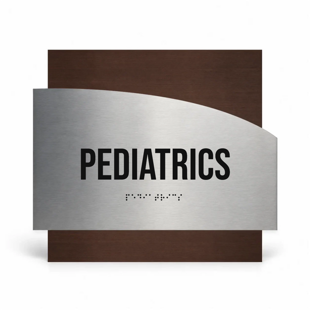 a sign that reads "PEDIATRICS" in large black letters, with a small "P" symbol below the text.