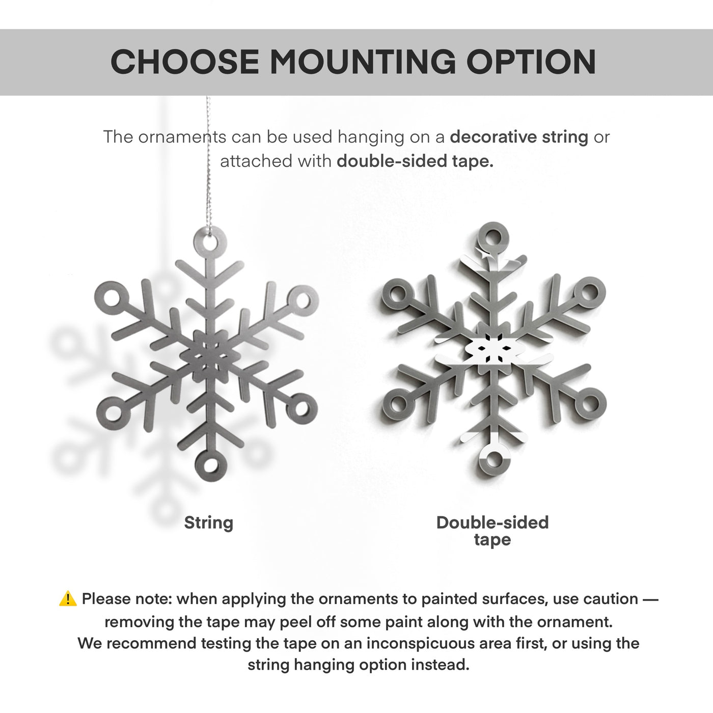 two different types of ornaments: a string ornament and a double-sided tape ornament. The text provides instructions on how to hang the ornaments, suggesting that the tape should be removed when applying the ornaments to painted surfaces to avoid the tape peeling off the paint.