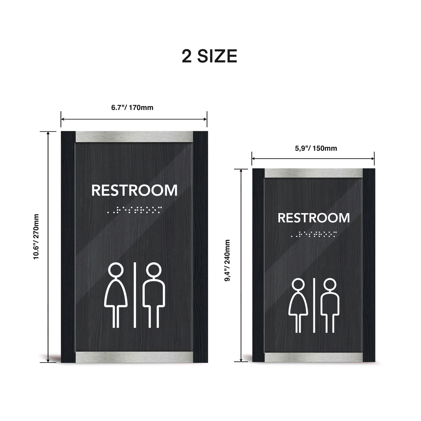 a restroom sign with the measurements for each sign