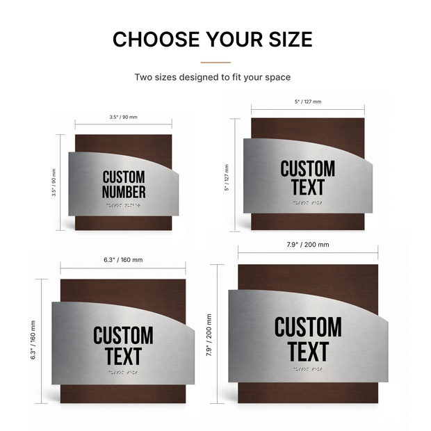 a variety of custom text sizes, ranging from 3/8" to 7/9" in width, and from 3/5" to 7/9" in height. The text sizes are designed to fit different spaces, with options to choose the size that best fits the available area.