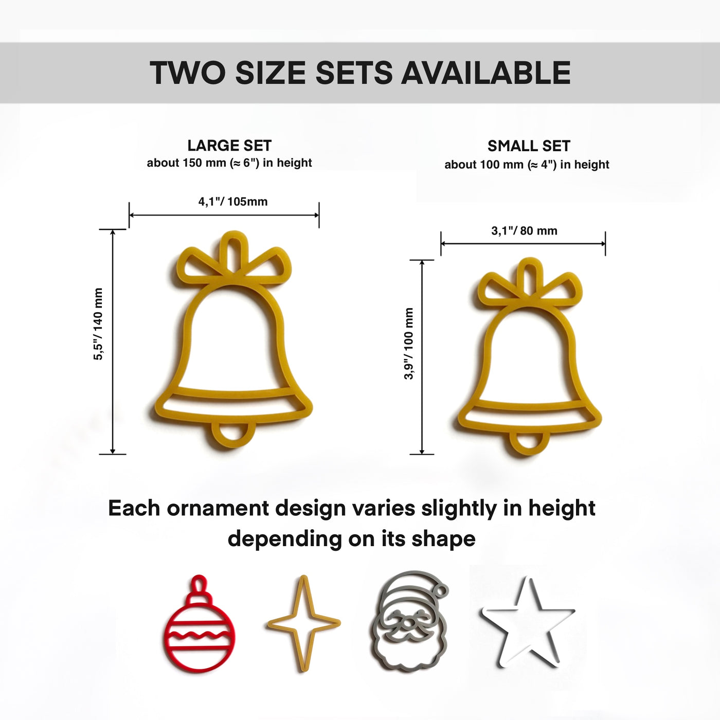 two sets of ornaments, each with a bell-shaped design, and provides their respective sizes and shapes.
