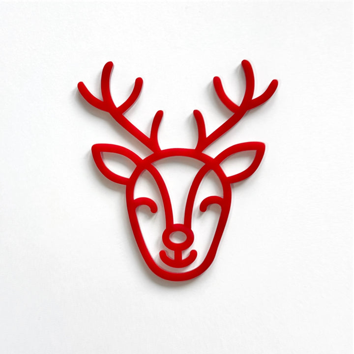 A red stylized deer head with antlers is displayed against a white background.