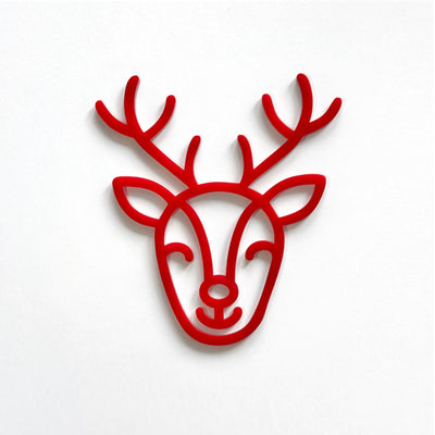 A red stylized deer head with antlers is displayed against a white background.