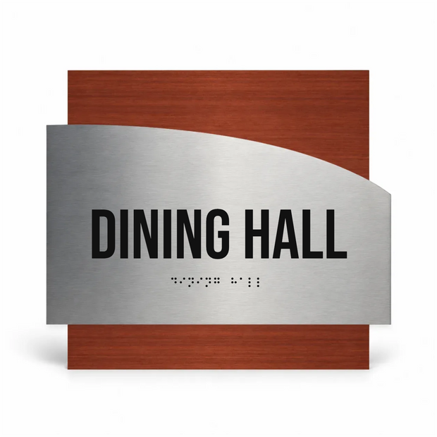 a sign that reads "DINING HALL" in bold black letters, with a wooden background.