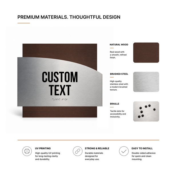 a collection of premium materials, thoughtful design, and custom text. It showcases natural wood, brushed steel, braille, and UV printing. The materials are described as high-quality, durable, and easy to install. The text features a custom design and is printed on a custom text. The image is a collage of various premium materials, and the text is described in a concise and clear manner.