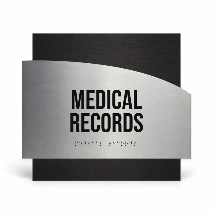 a sign or label that reads "MEDICAL RECORDS" in bold, black text.