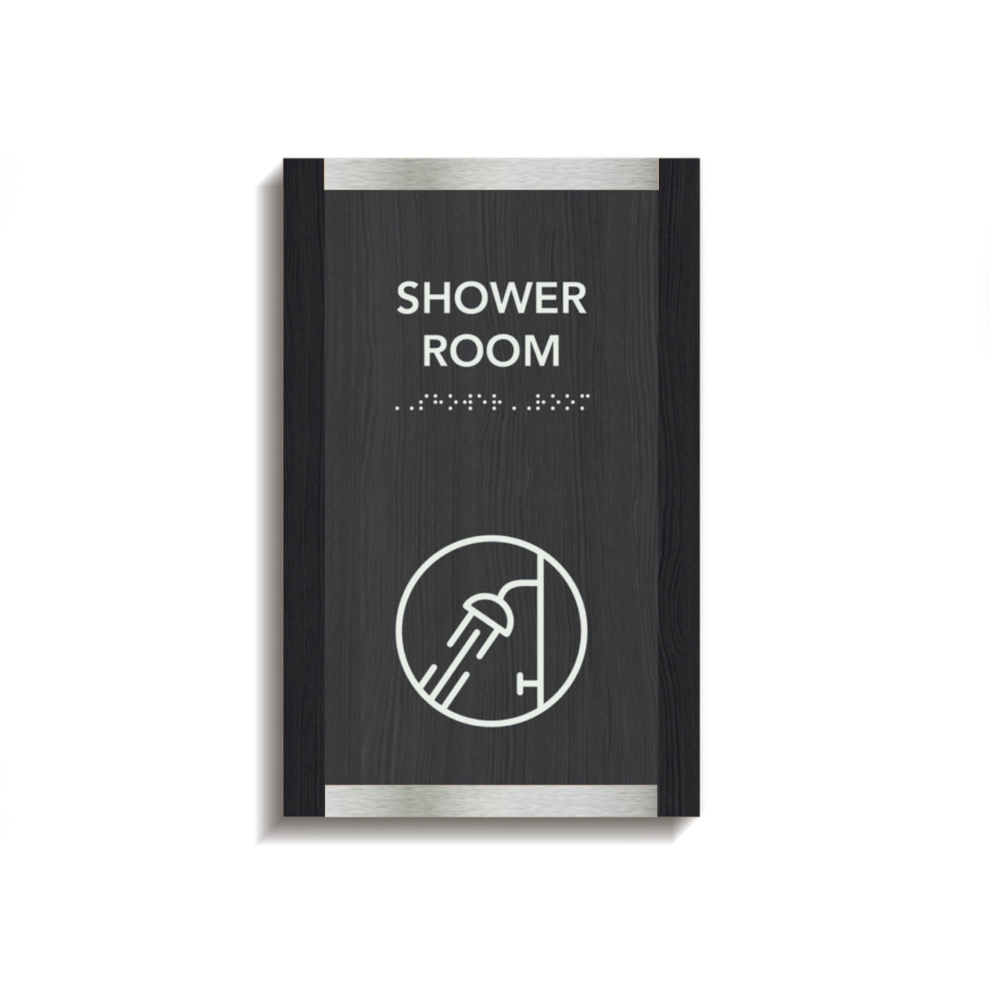 a black and white sign that says shower room