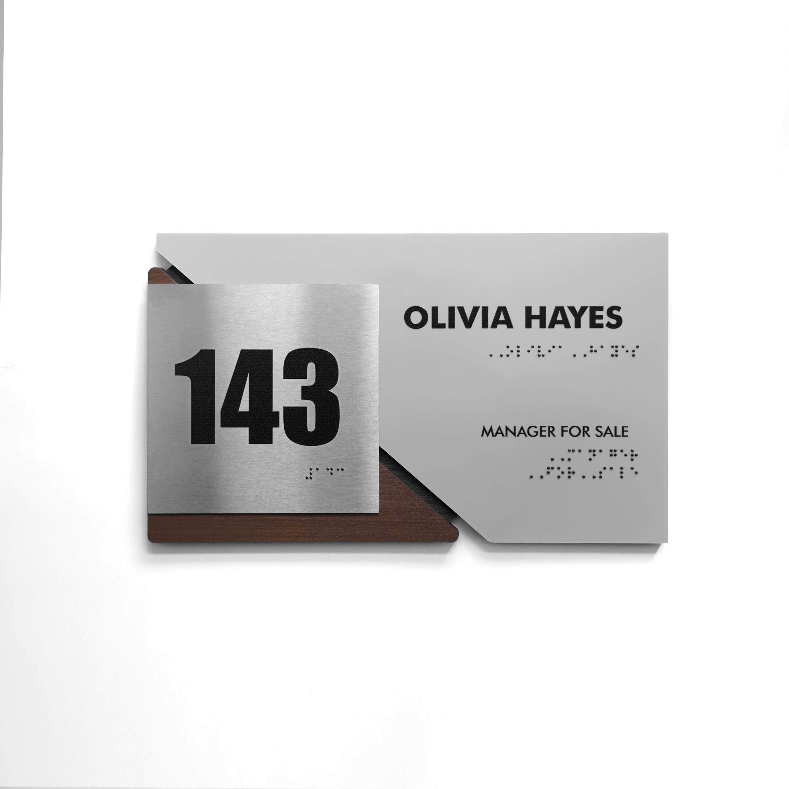 Office Number Sign with Custom Text: Wood & Stainless Steel Plate ...
