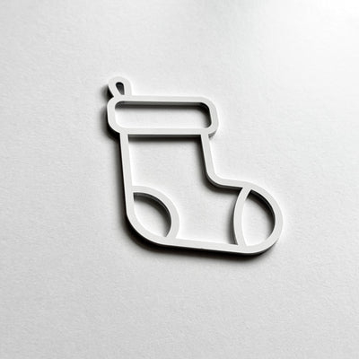 A simple white outline of a stocking on a plain white background.