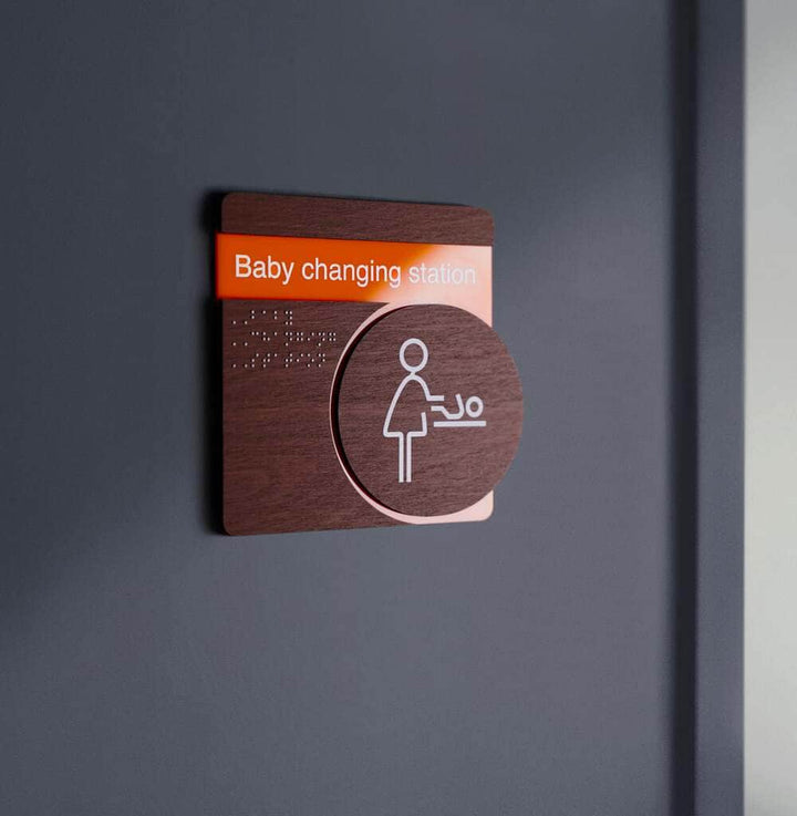 Information signs Baby Change Sign for Mother: Wood &amp; Stainless Steel Plate — "Genova" Design