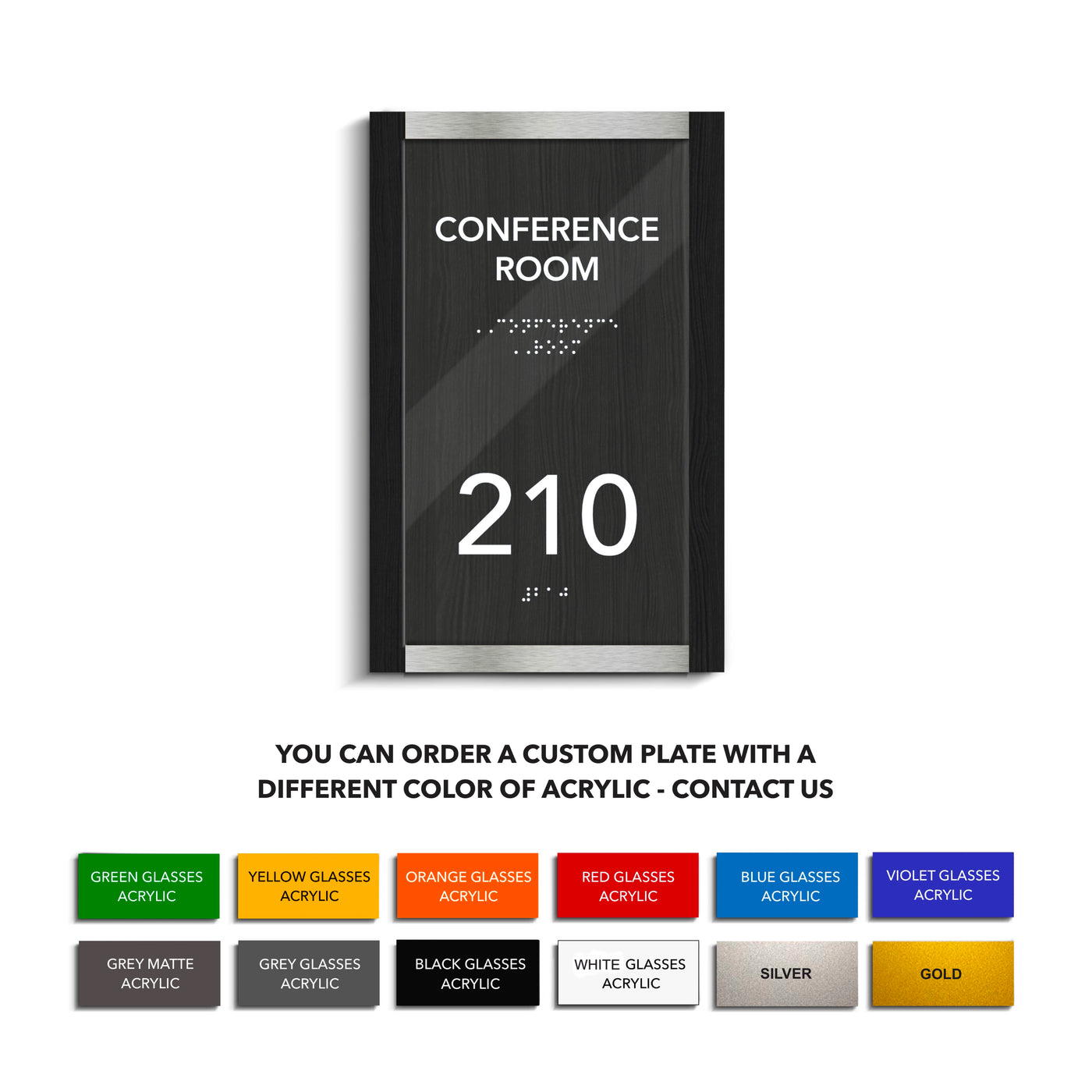 a sign that says conference room with different colors of acrylic contact us