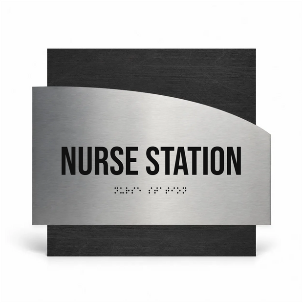 a sign that reads "NURSE STATION" with a tactile element indicating the presence of a tactile sign for the visually impaired.