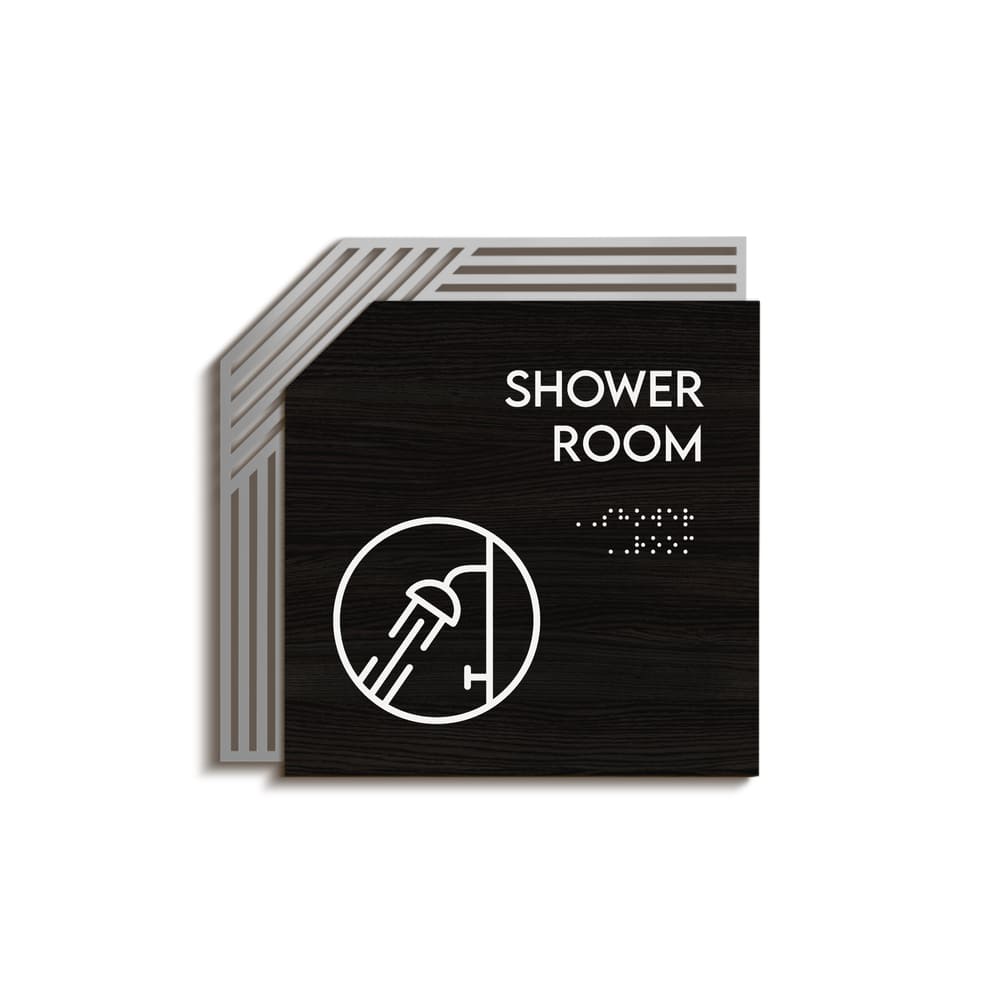 a black and white sign that says shower room