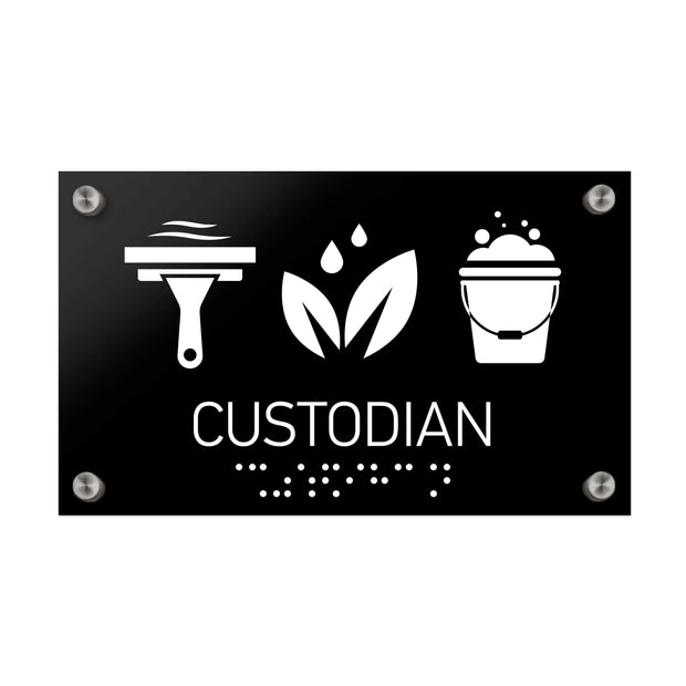 Information signs Custodian Sign with Braille: Black Acrylic Sign