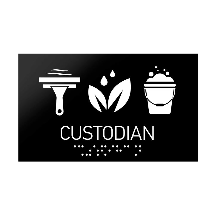 Information signs Custodian Sign with Braille: Black Acrylic Sign