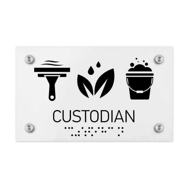 Information signs Custodian Signs - White Acrylic Sign with Braille