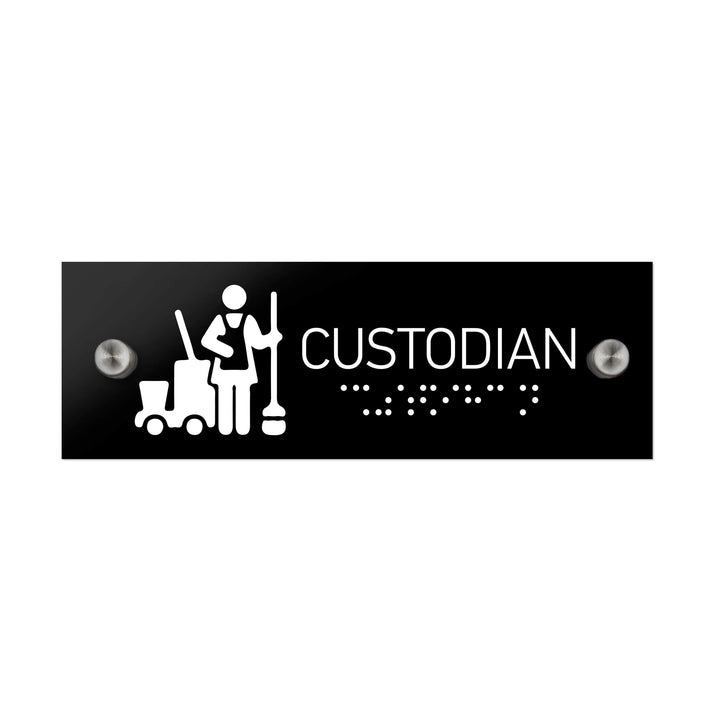 Information signs Custodian Sign with Braille — Black Acrylic Sign